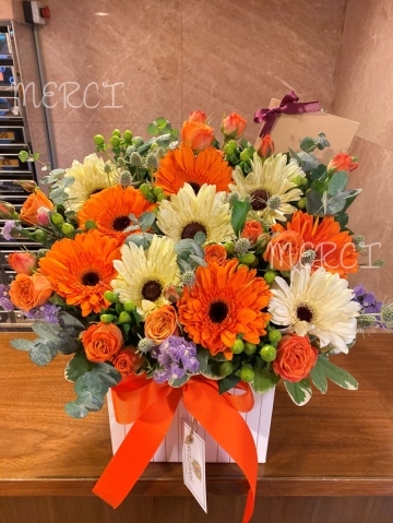 **Sunny** Simple Orange Gerbera Flower Box-Orange and Cream<br>橙色及米色太陽花花盒