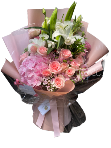 **KBQ135** Lily, Hydrangea, Rose Long Bouquet-3pcs<br>百合繡球,玫瑰長形花束