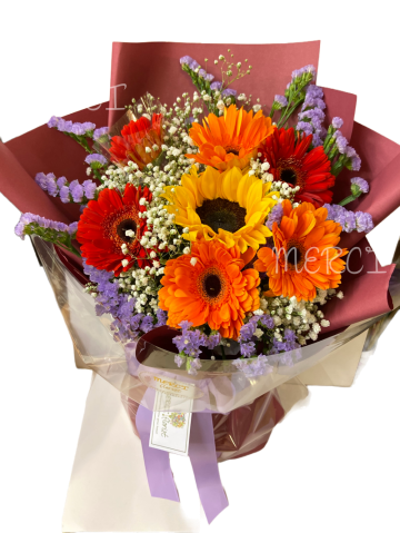 **KBQ197** Sun Flower and Gerbera Long Bouquet<br>向日葵 太陽花 長形花束