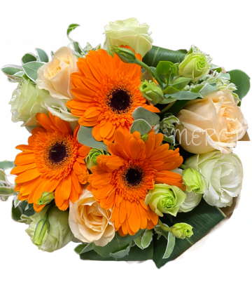**KBQ198** Gerbera and Rose Flower Bouquet<br>玫瑰 太陽花 圓形花束