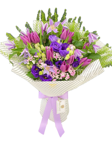 **KBQ0164** Purple Tulip and Purple Clematis Long Bouquet<br>紫色鬱金香及鐵線蓮長形花束