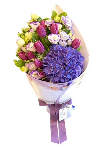 **KBQ0168** Purple Tulip and Purple Hydrangea Long Bouquet<br>紫色鬱金香及紫色繡球長形花束
